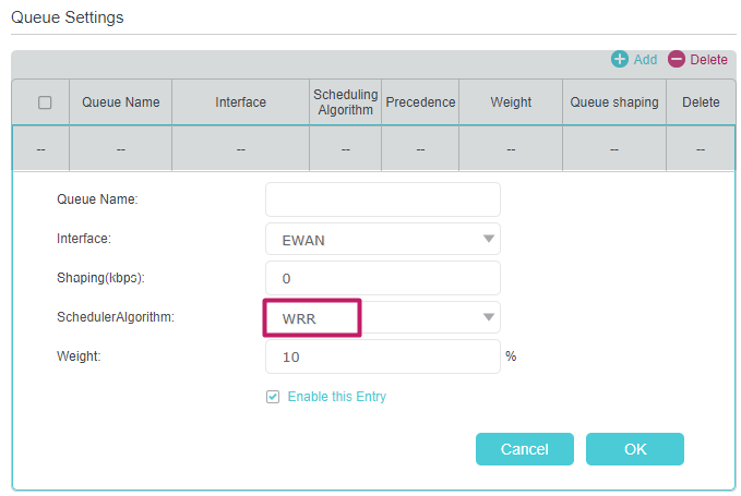 the Algorithm is selected as WRR in the Queue Settings page