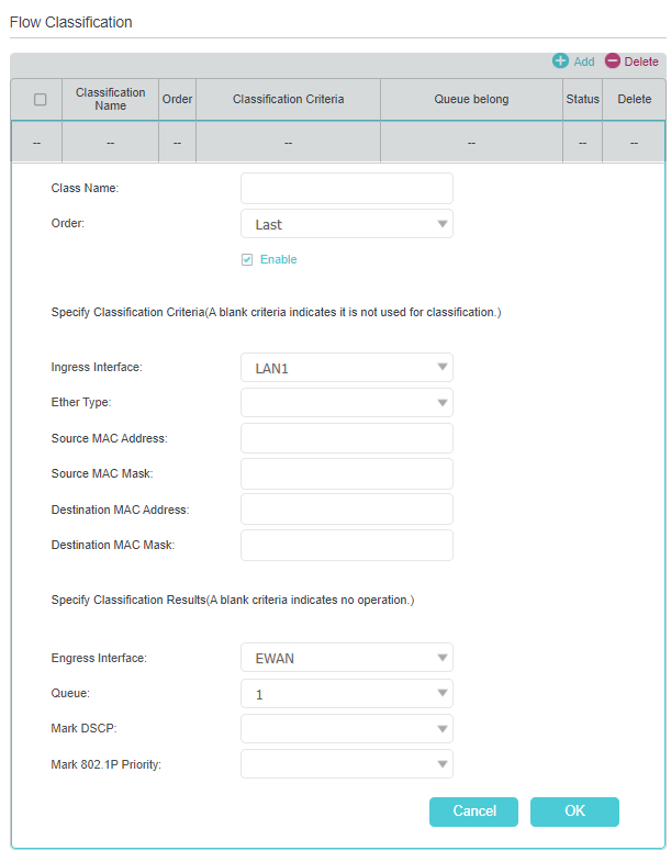 Advanced > QoS > Flow Classification page