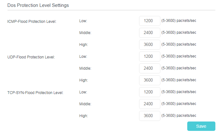 the DoS Protection Level Settings page