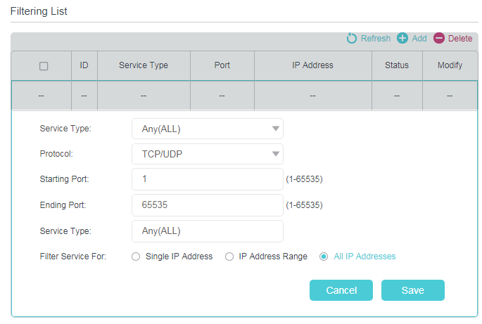 the Filtering List in Service Filtering page
