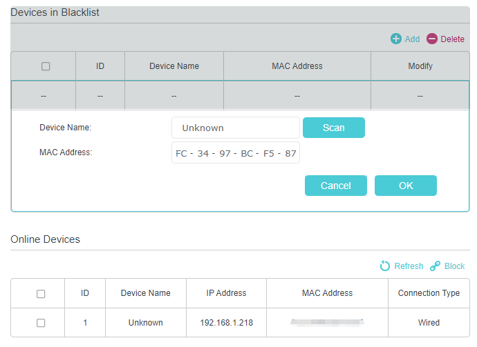 the window to specify the name and MAC address of the devices needed to block