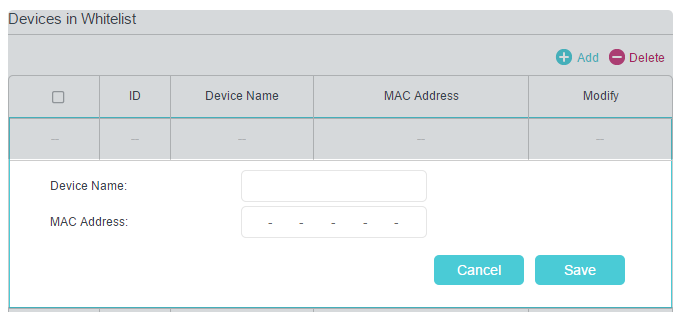 the window to specify the name and MAC address of the devices needed to allow