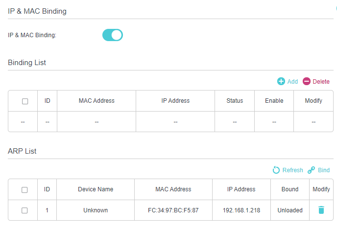 IP & MAC Binding enabled