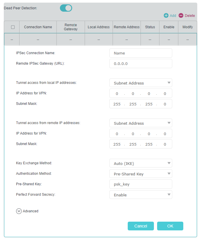 the window to Configure the IPSec VPN server parameters