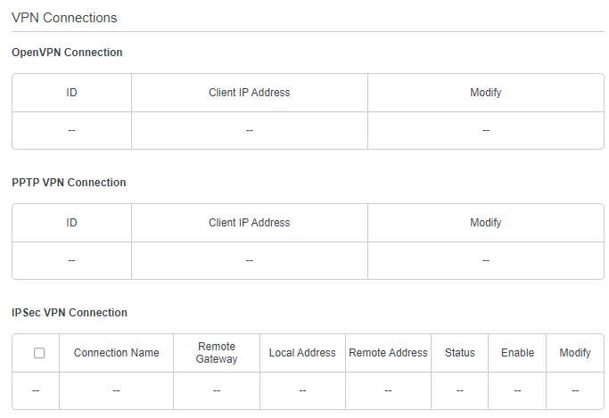 Advanced > VPN > VPN connections page