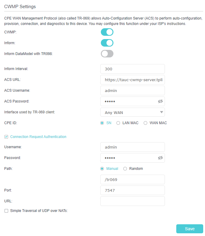 CWMP Settings page