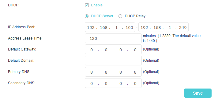 Advanced > Network > DHCP Server page..