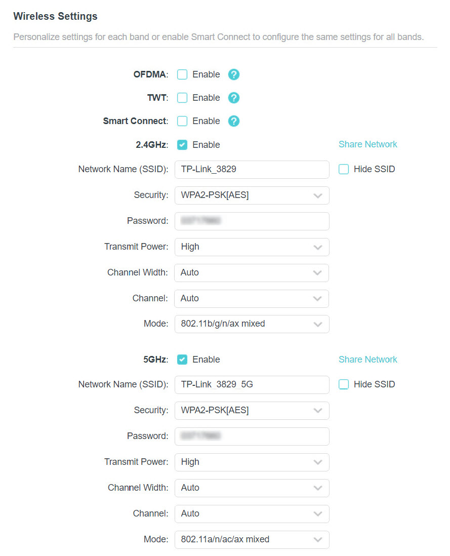Wireless > Wireless Settings page