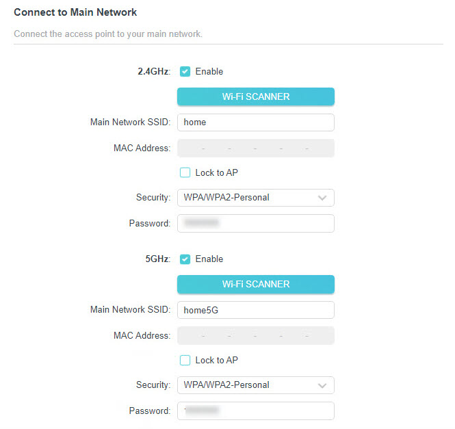 connect to main network page in Range Extender Mode