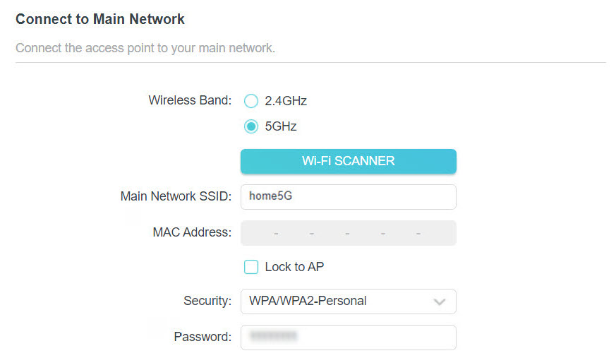 the connect to main network page in client mode