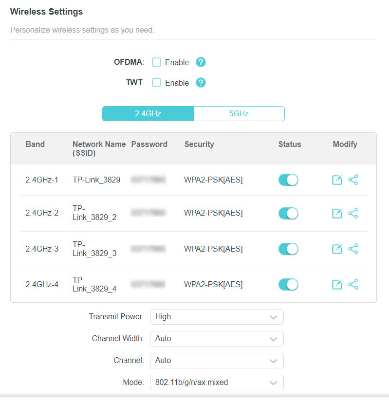 wireless settings in Multi-SSID Mode