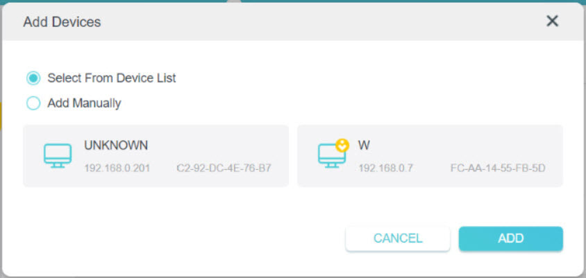 Click Select From Device List, choose devices, then click ADD.