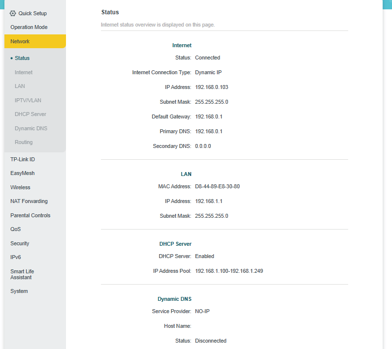 Advanced > Network > Status page