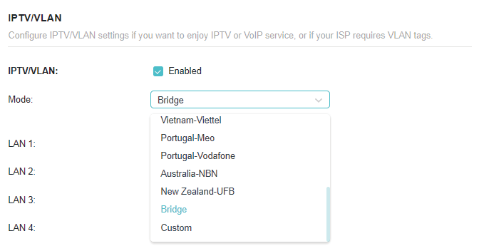 select a mode in IPTV/VLAN page