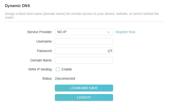 DDNS page with the sevice provider as NO-IP