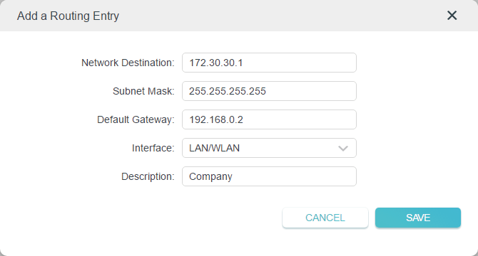 dialog box to add a routing entry