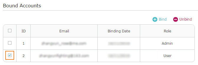 locate the tickbox of "user" in the bound accounts table
