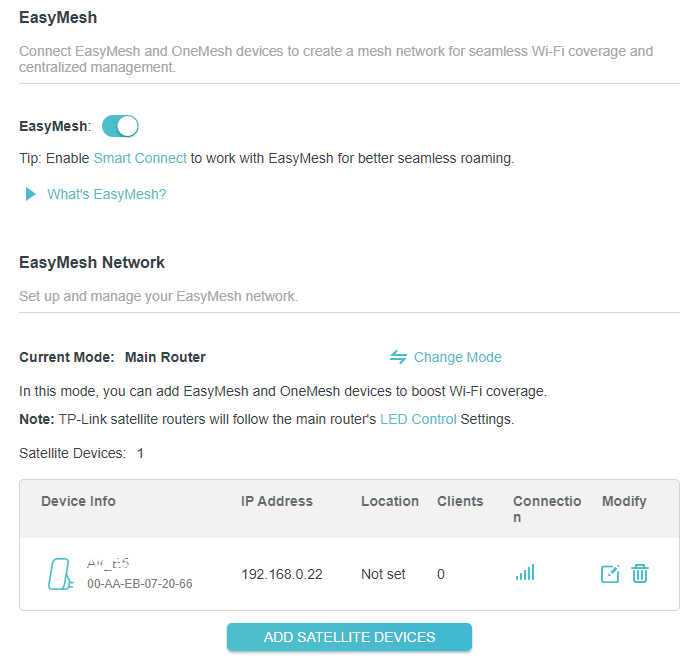EasyMesh page when a device is added