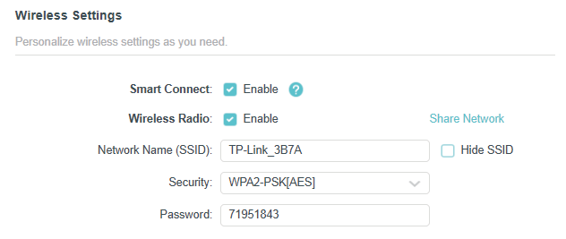 wireless secttings page with Smart Connect enabled