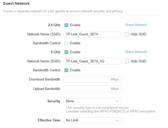 guest network page with the Enable checkbox for the 2.4GHz or 5 GHz wireless network