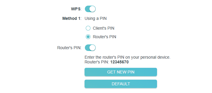 Advanced > Wireless > WPS page with Router's PIN selected