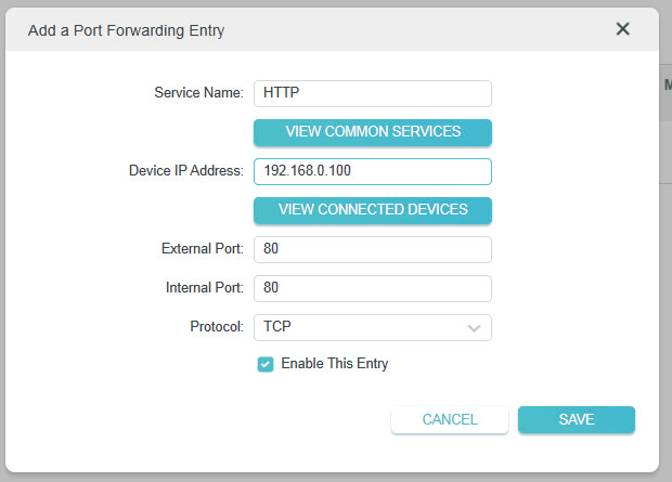 dialog box to add port forwarding entry with HTTP as service name