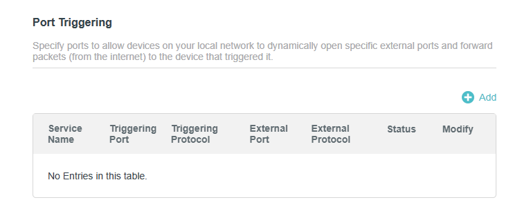 Advanced > NAT Forwarding > Port Triggering page with the port triggering table
