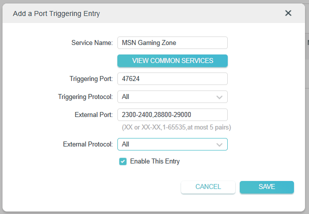 dialog box to add port forwarding entry with MSN Gaming Zone as service name