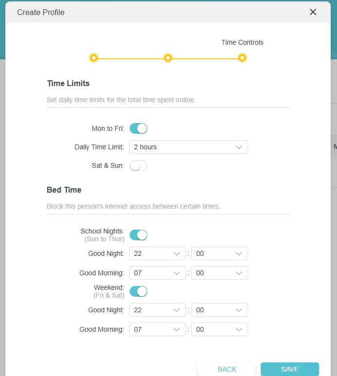 dialog box to set time control