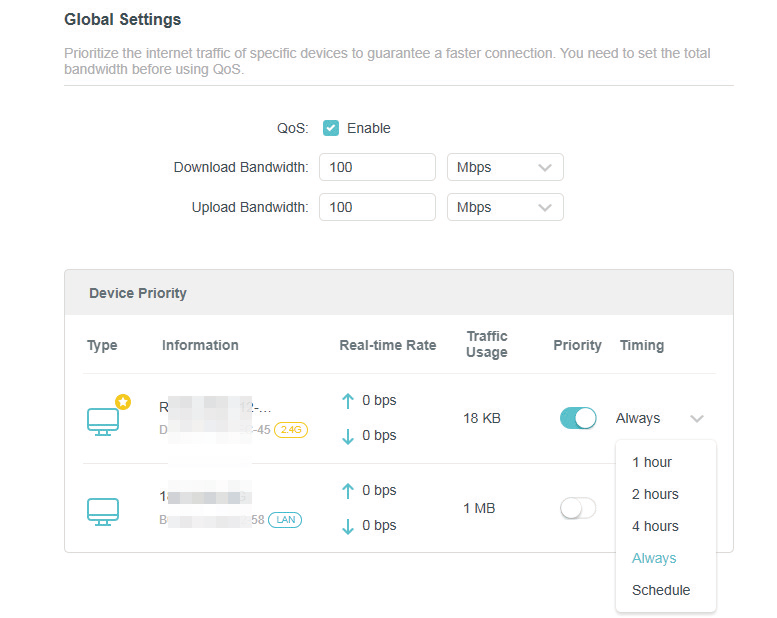 the global settings section in Advanced > Advanced > QoS page
