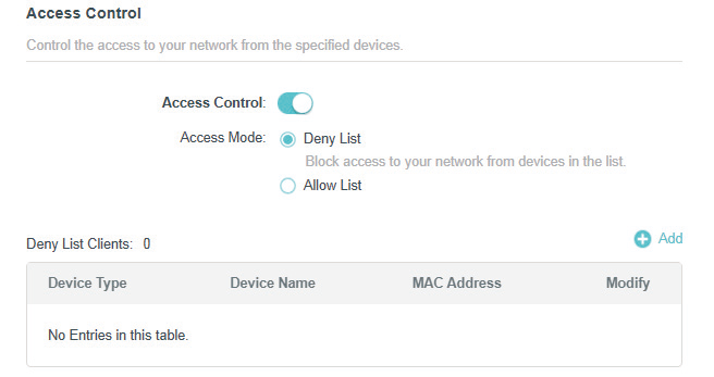 Access Control page with Deny List selected