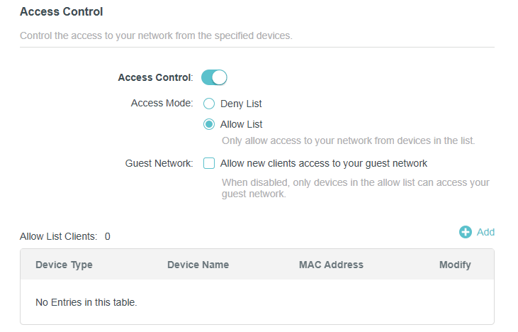 Access Control page with allow List selected