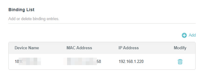 the Binding List section with the +Add button