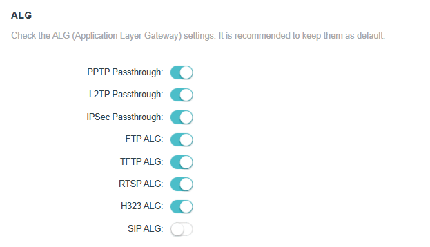 options in Advanced > Security > ALG page