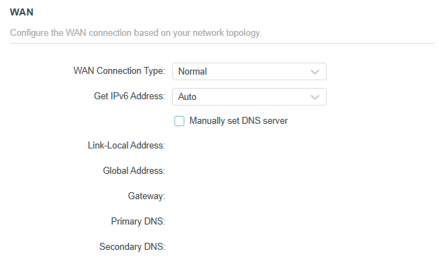 the WAN section when WAN Connection Type is normal, Router selected as the mode in the IPv6 page