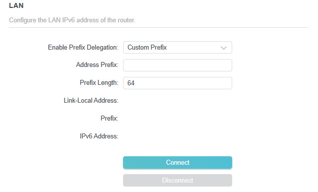 the LAN section when WAN Connection Type is normal, Router selected as the mode in the IPv6 page