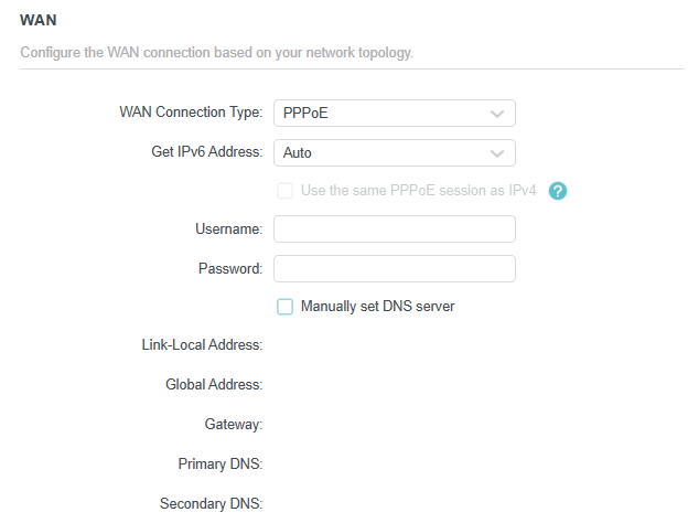 the WAN section when WAN Connection Type is PPPoE, Router selected as the mode in the IPv6 page