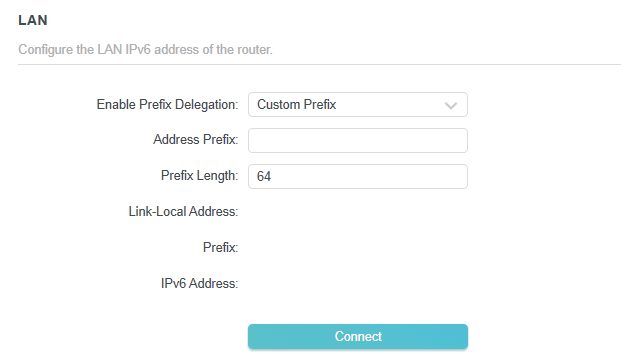 the LAN section when WAN Connection Type is PPPoE, Router selected as the mode in the IPv6 page