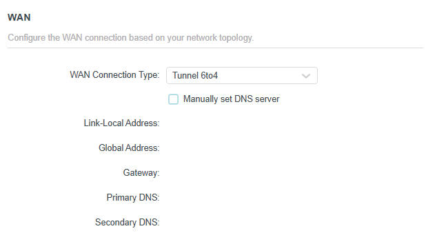 the WAN section when WAN Connection Type is Tunnel 6to4, Router selected as the mode in the IPv6 page