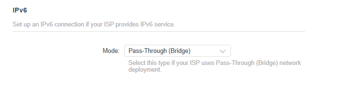 Bridge selected as the mode in the IPv6 page