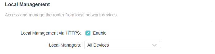 local management page with Local Management via HTTPS enabled and All devices selected as local managers