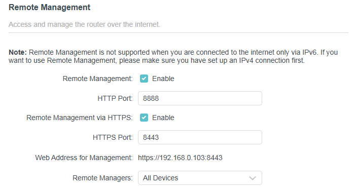 remote management page with Remote Management enabled, All devices as Remote managers
