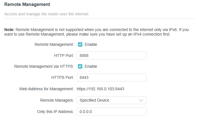remote management page with Remote Management enabled, Specified devices as Remote managers