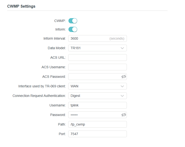 CWMP Settings page