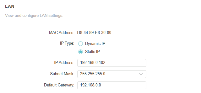 LAN page when the Router is in Access Point Mode