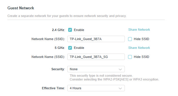 guest network page with the Enable checkbox for the 2.4GHz or 5 GHz wireless network when the Router is in Access Point Mode