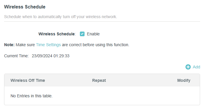 Advanced > Wireless > Wireless Schedule page when the Router is in Access Point Mode