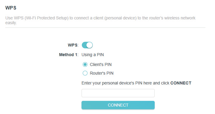 Advanced > Wireless > WPS page with Client's PIN selected when the Router is in Access Point Mode