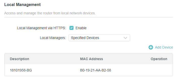 local management page with Specified Devices select as local managers when the Router is in Access Point Mode