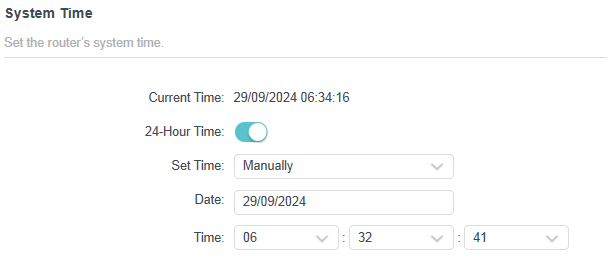 system time page with time set manually when the Router is in Access Point Mode